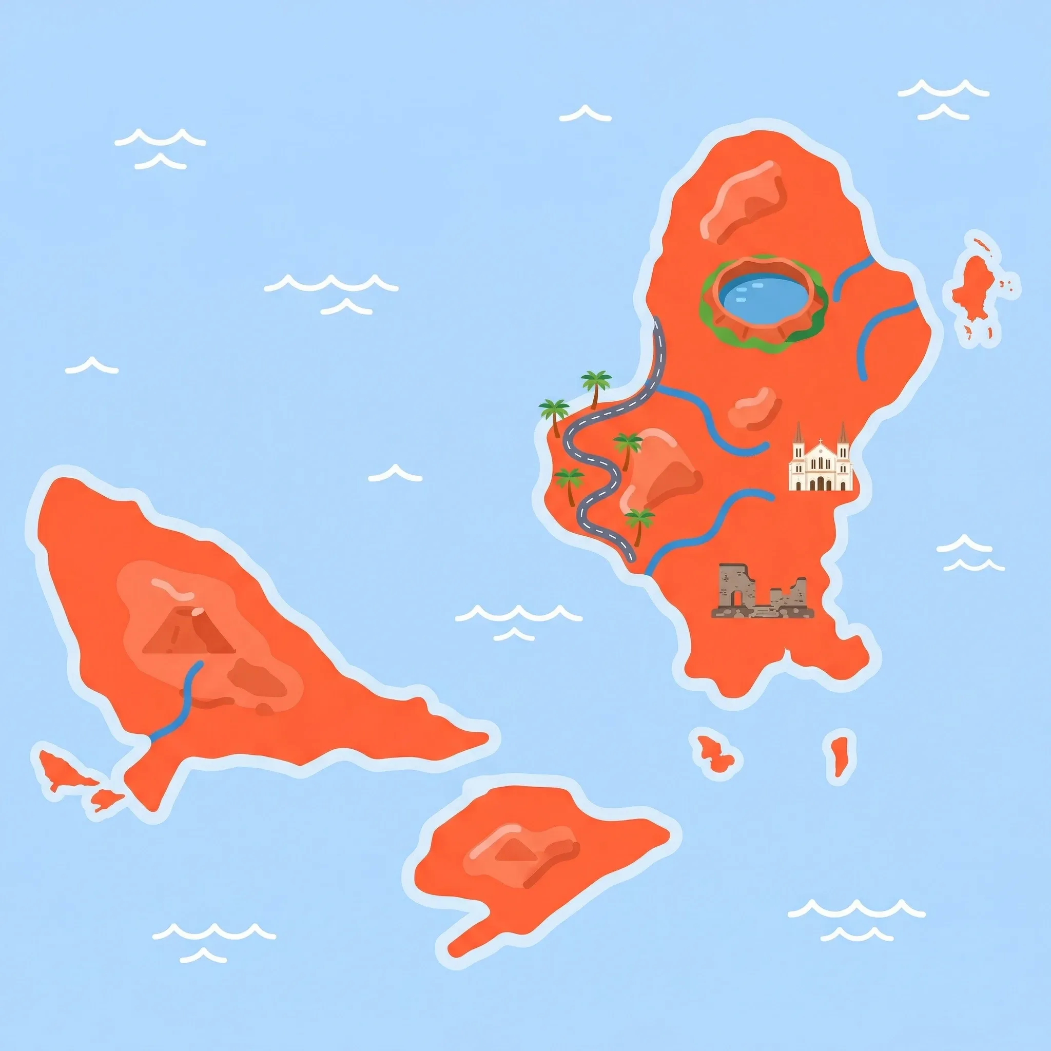 Colourful illustrated map of Wallis and Futuna showing 1 tourist regions including Wallis and Futuna, decorated with iconic landmarks like Lake Lalolalo, Wallis Island Coastal Loop, Basilica of St. Peter Chanel, and Talietumu Archaeological Site, with geographic features including Lake Lalolalo, Mont Puke, Uvea Island, and Futuna Island.