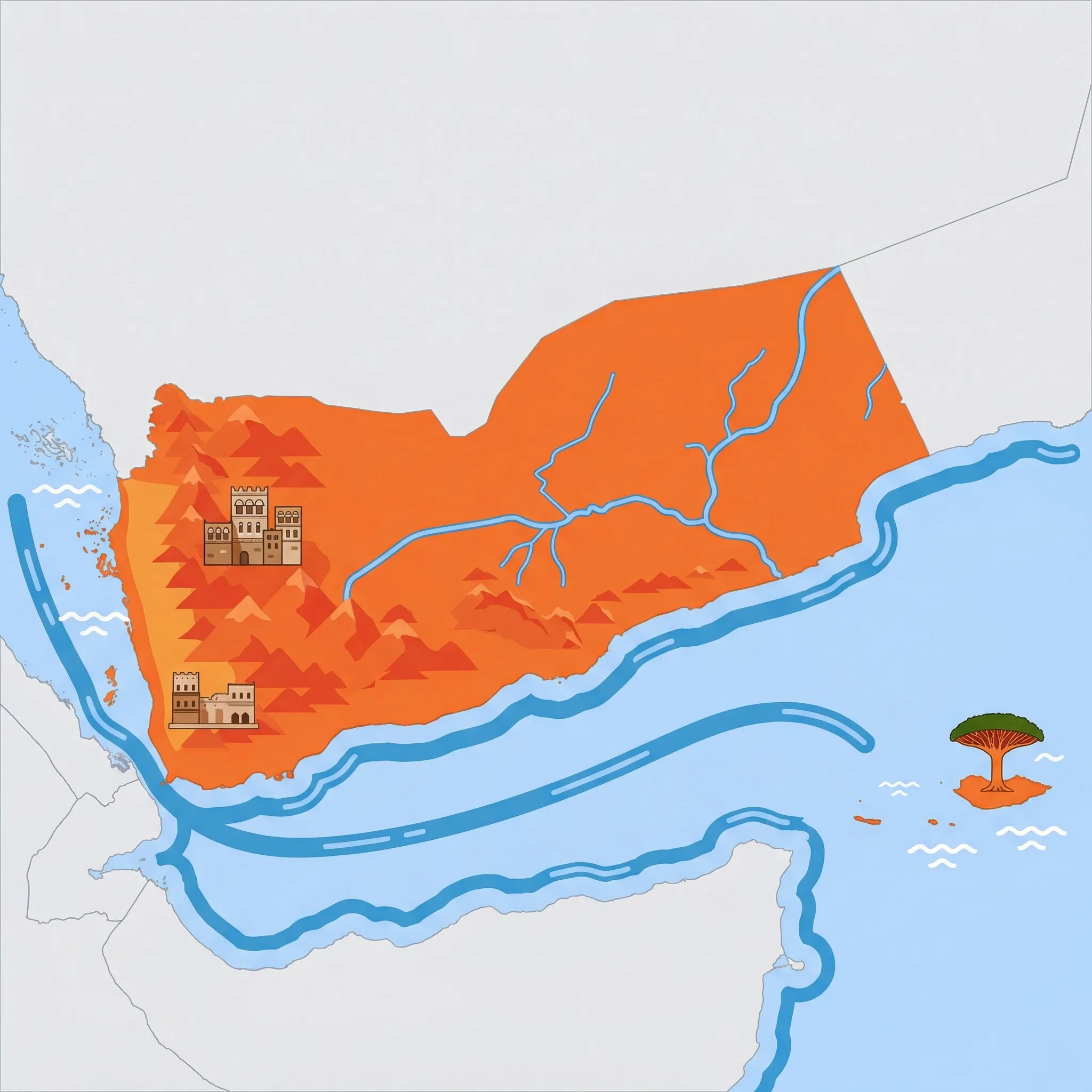 Colourful illustrated map of Yemen showing 1 tourist regions including Yemen, decorated with iconic landmarks like Haraz Mountains, Old City of Sana'a, Socotra Archipelago, and Historic Town of Zabid, with geographic features including Sarawat Mountains, Rub' al Khali, Gulf of Aden, and Red Sea.