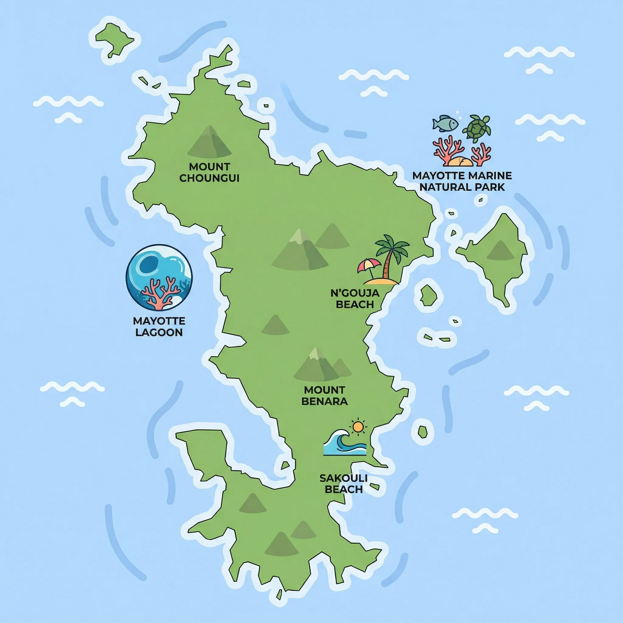 Colourful illustrated map of Mayotte showing 1 tourist regions including Mayotte, decorated with iconic landmarks like Mayotte Lagoon, Mayotte Marine Natural Park, N'Gouja Beach, and Sakouli Beach, with geographic features including Mozambique Channel, Mayotte Lagoon, Mount Choungui, and Lake Dziani.