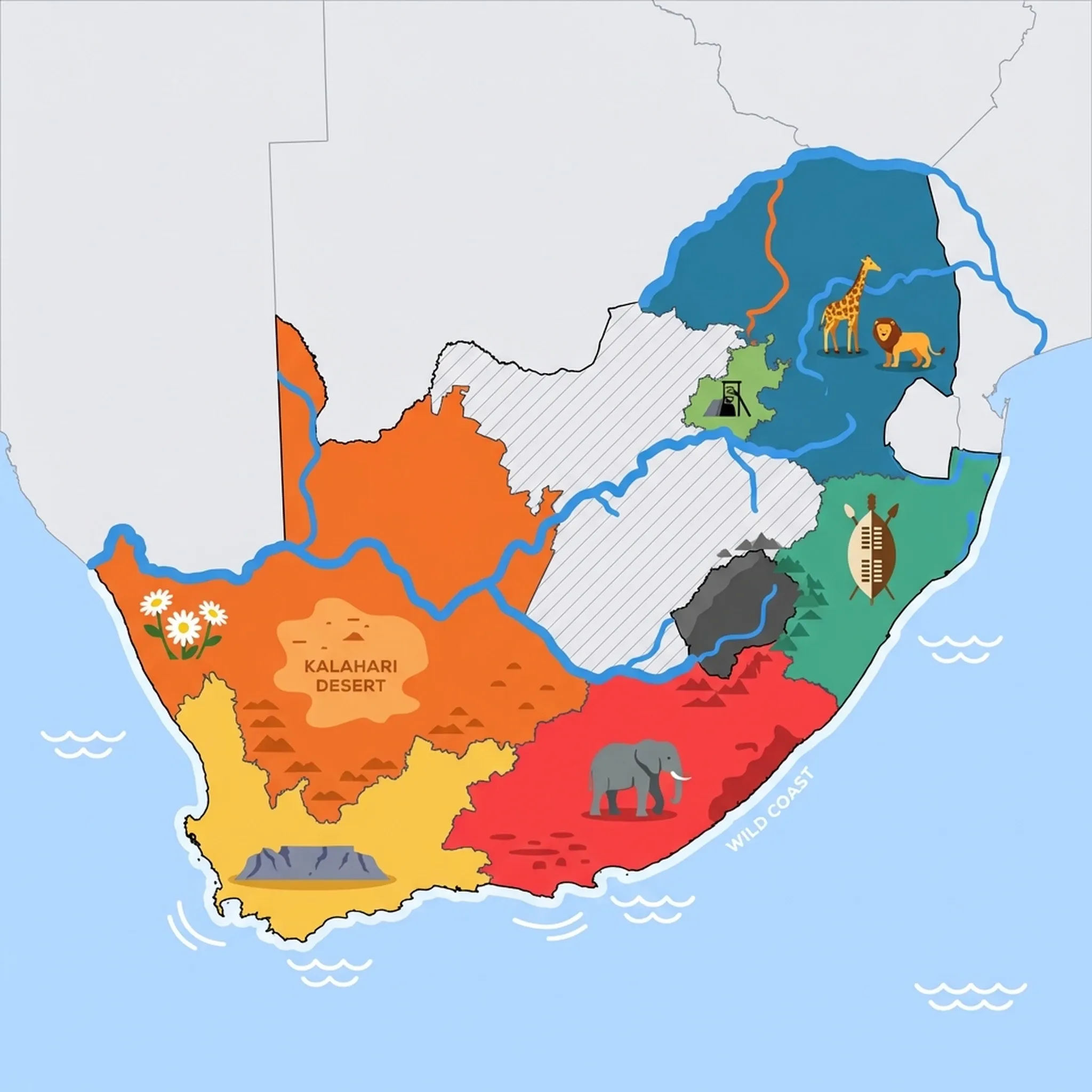 Colourful illustrated map of South Africa showing 6 tourist regions including Northern Cape, Eastern Cape, and Johannesburg & Gauteng, decorated with iconic landmarks like Namaqualand Daisies, African Elephant, Gold Mine, Zulu Shield, and Table Mountain, with geographic features including Table Mountain, Drakensberg Mountains, Orange River, and Limpopo River.