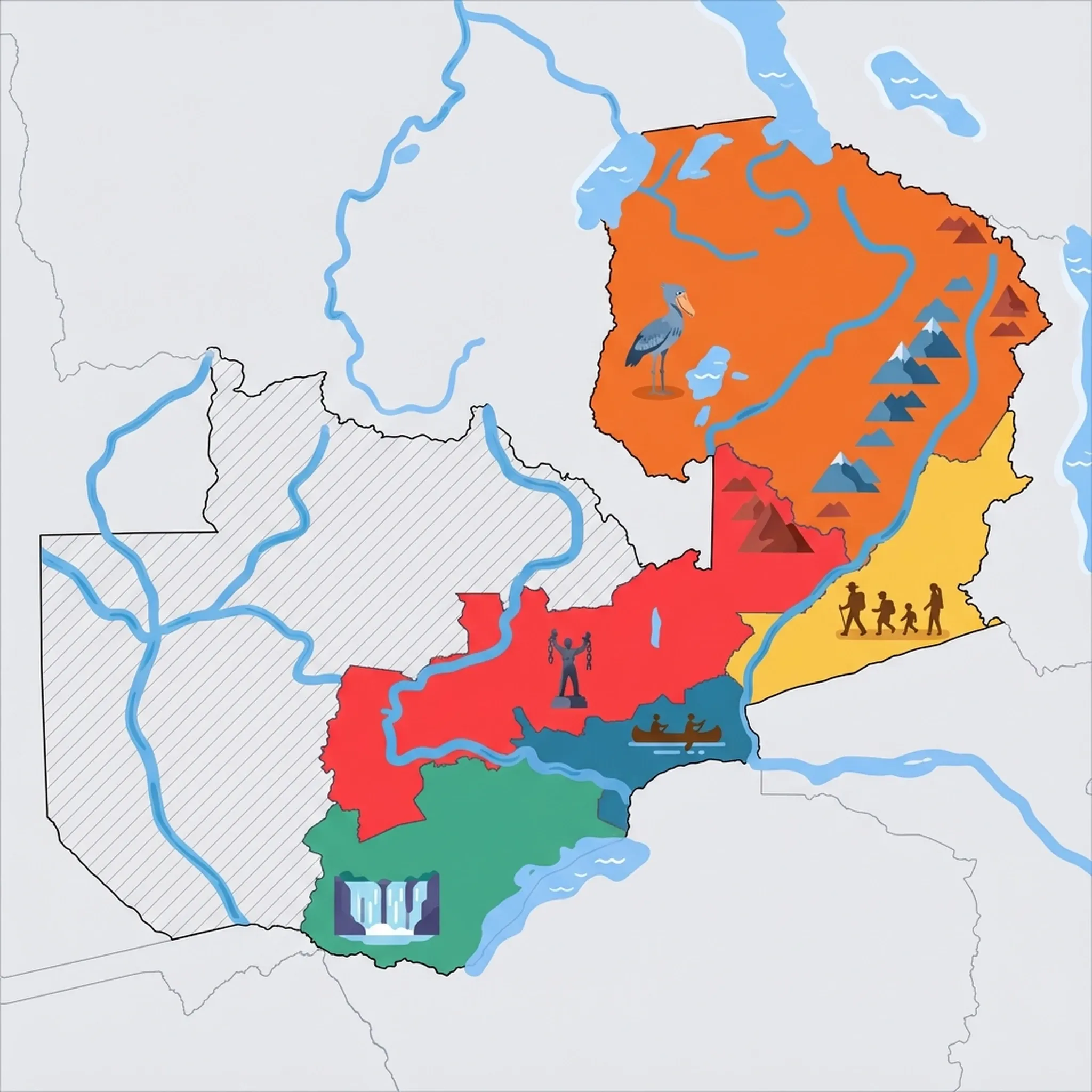 Colourful illustrated map of Zambia showing 5 tourist regions including Lower Zambezi NP, Livingstone & Victoria Falls, and South Luangwa NP, decorated with iconic landmarks like Canoe Safari, Victoria Falls, Walking Safari, Shoebill Stork, and Broken Chains Freedom Statue Lusaka, with geographic features including Zambezi River, Luangwa River, Kafue River, and Lake Kariba.