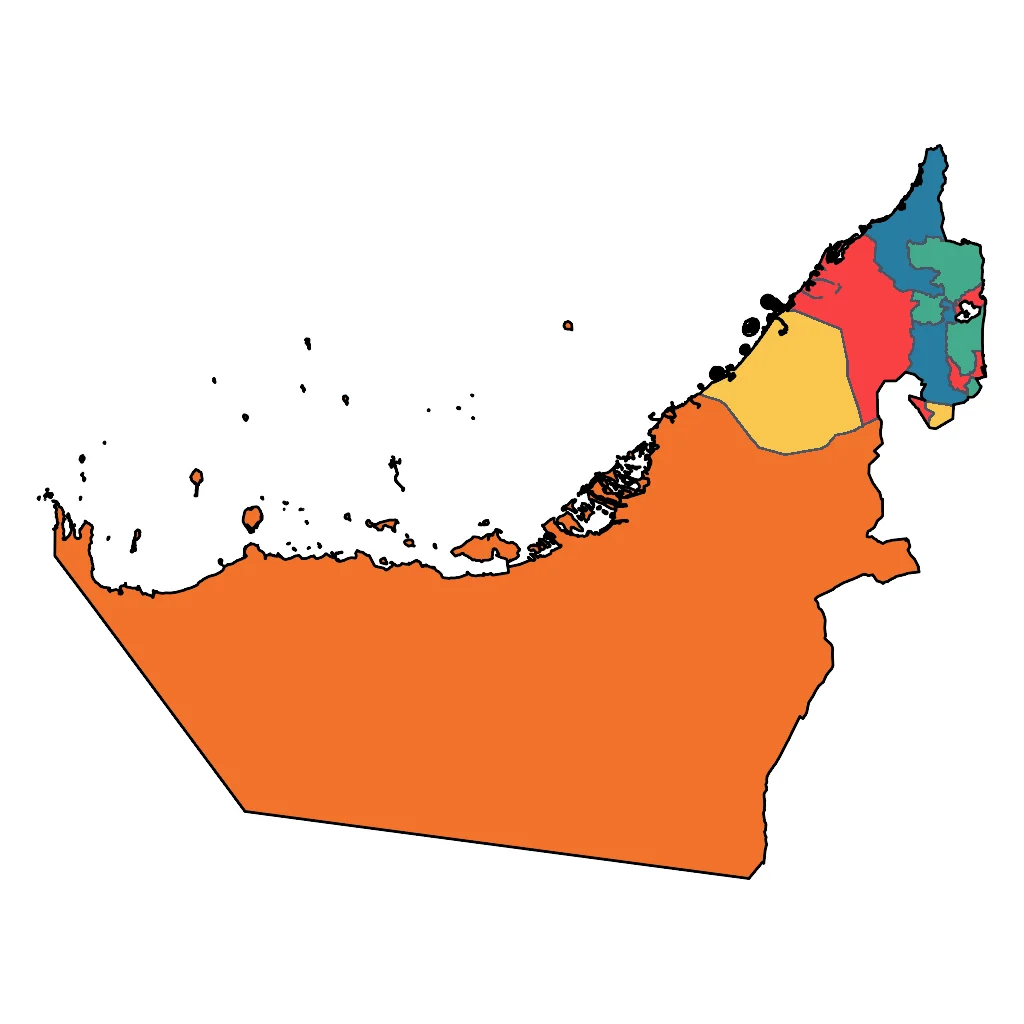Map showing regions suitable for Beach & Sea in United Arab Emirates. Overall suitability: very_good.