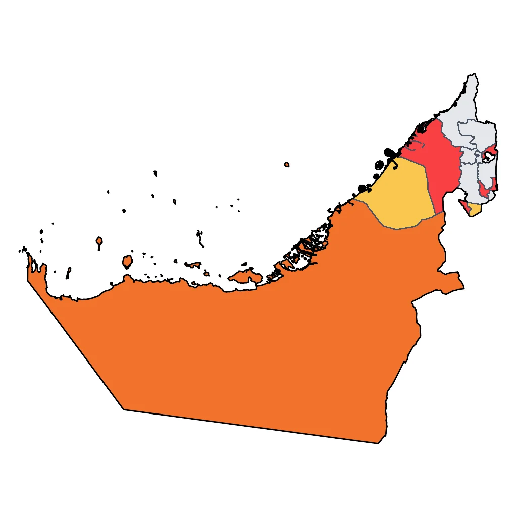 Map showing regions suitable for Festivals & Seasonal in United Arab Emirates. Overall suitability: very_good.