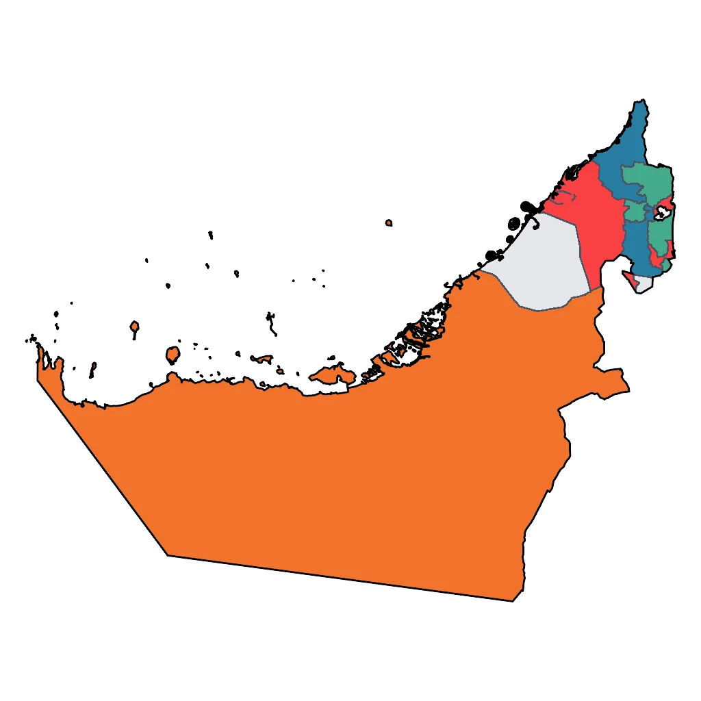 Map showing regions suitable for Road Trips & Scenic in United Arab Emirates. Overall suitability: good.