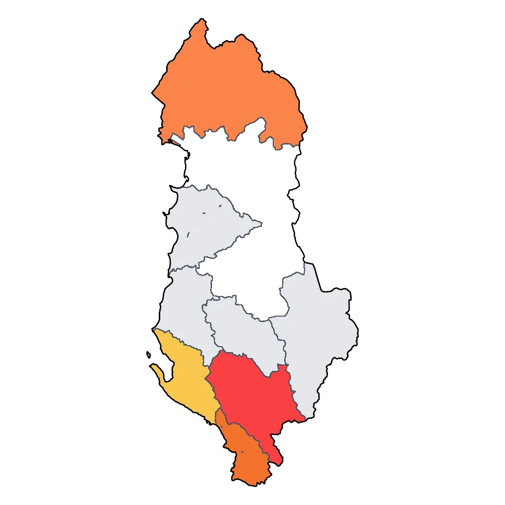 Map showing regions suitable for Road Trips & Scenic in Albania. Overall suitability: very_good.