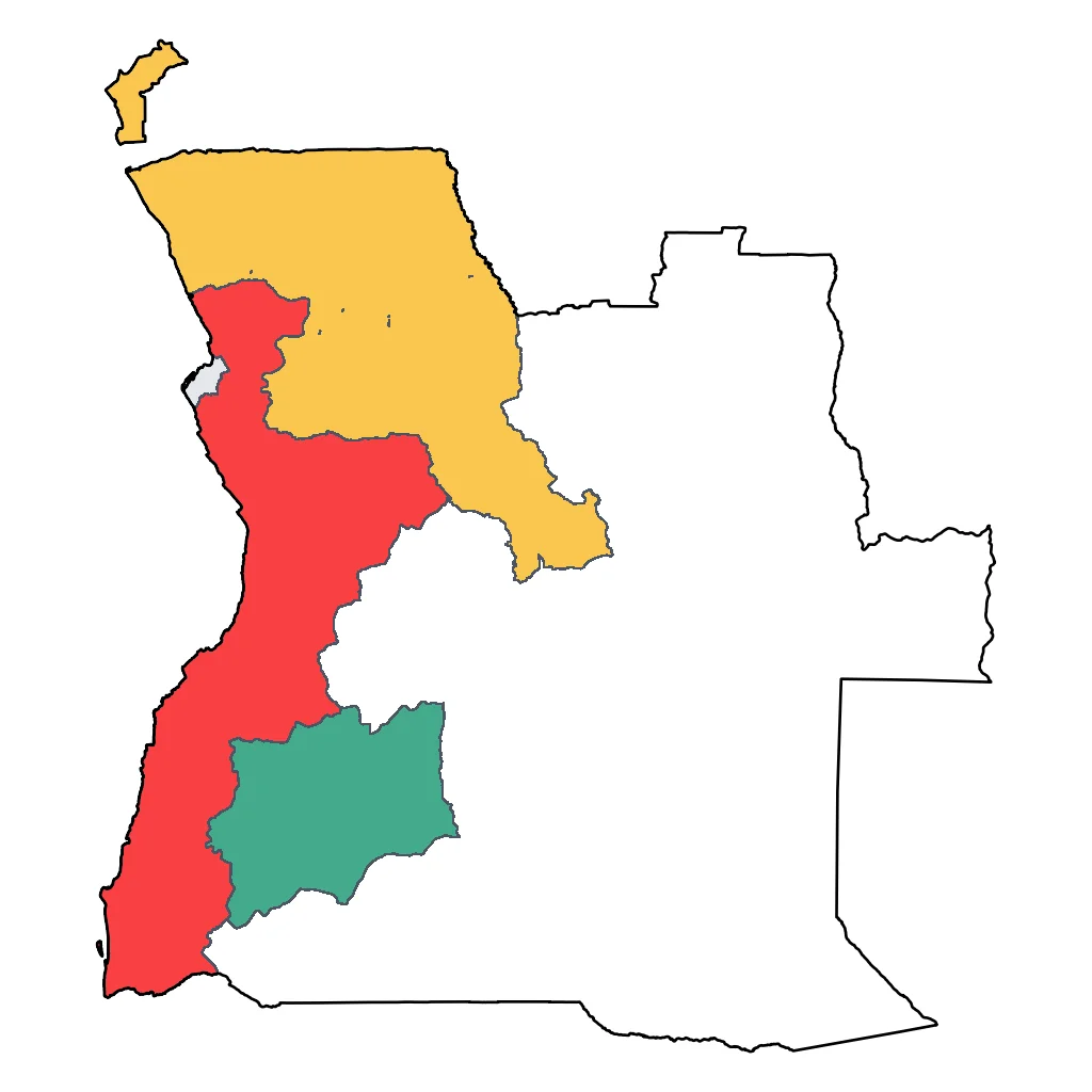 Map showing regions suitable for Adventure & Nature in Angola. Overall suitability: very_good.