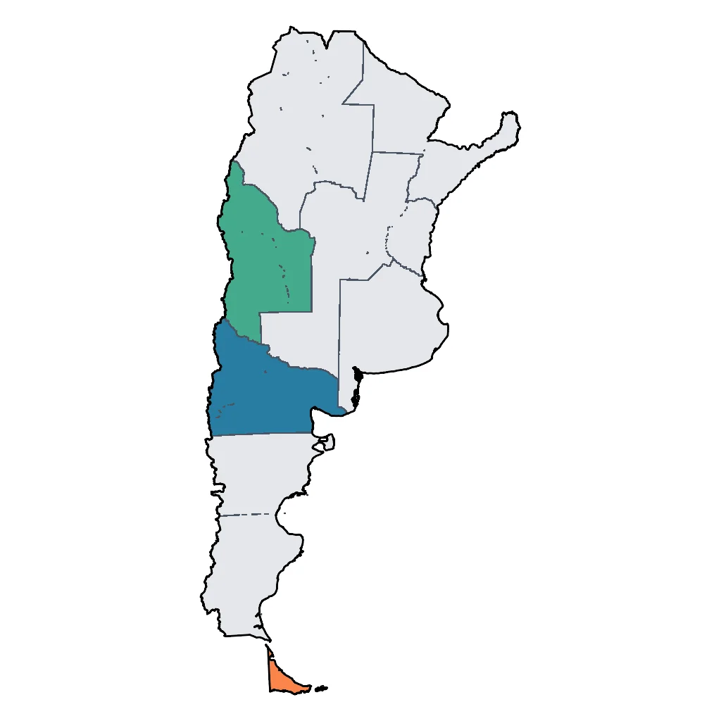 Map showing regions suitable for Ski & Snow in Argentina. Overall suitability: very_good.