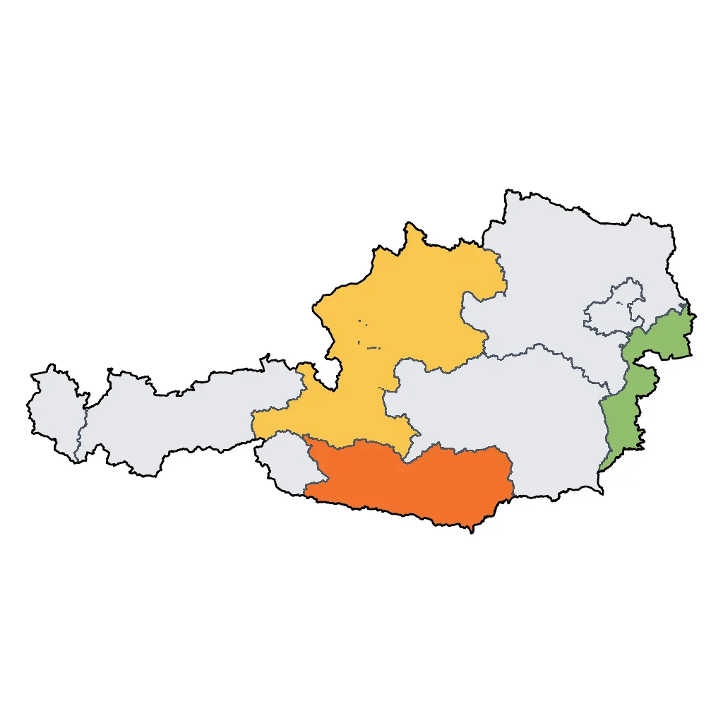 Map showing regions suitable for Beach & Sea in Austria. Overall suitability: good.