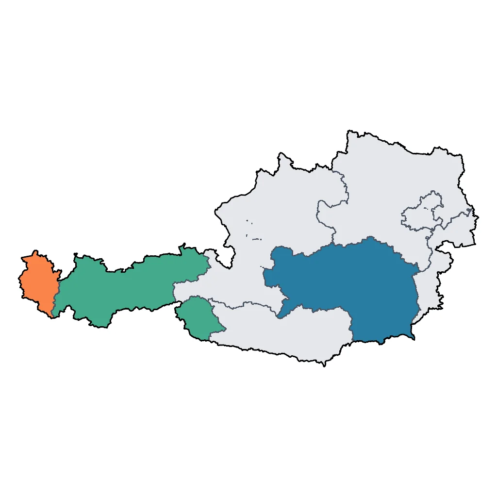 Map showing regions suitable for Ski & Snow in Austria. Overall suitability: excellent.