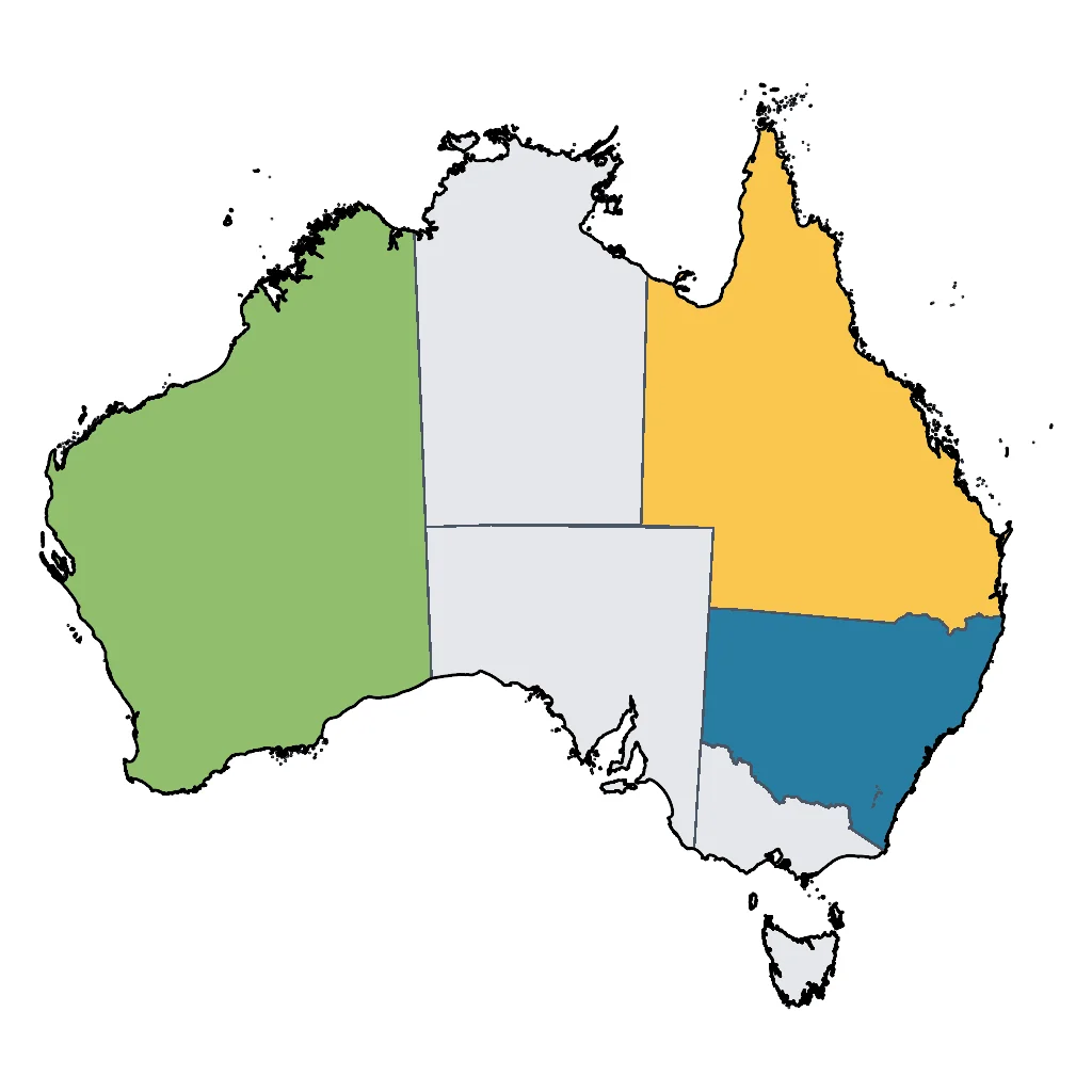 Map showing regions suitable for Beach & Sea in Australia. Overall suitability: excellent.