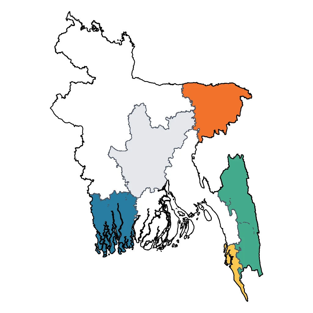 Map showing regions suitable for Adventure & Nature in Bangladesh. Overall suitability: excellent.