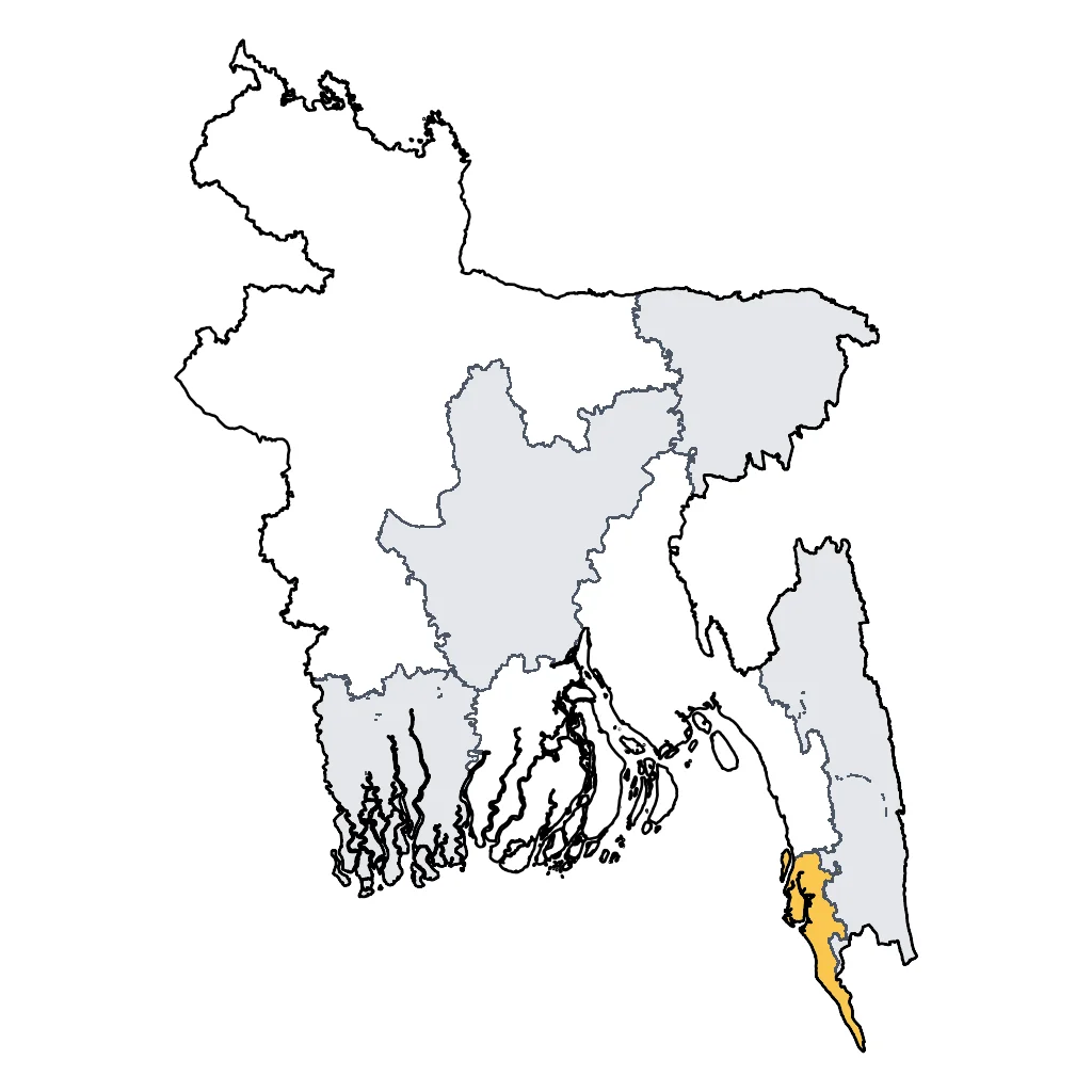 Map showing regions suitable for Beach & Sea in Bangladesh. Overall suitability: good.