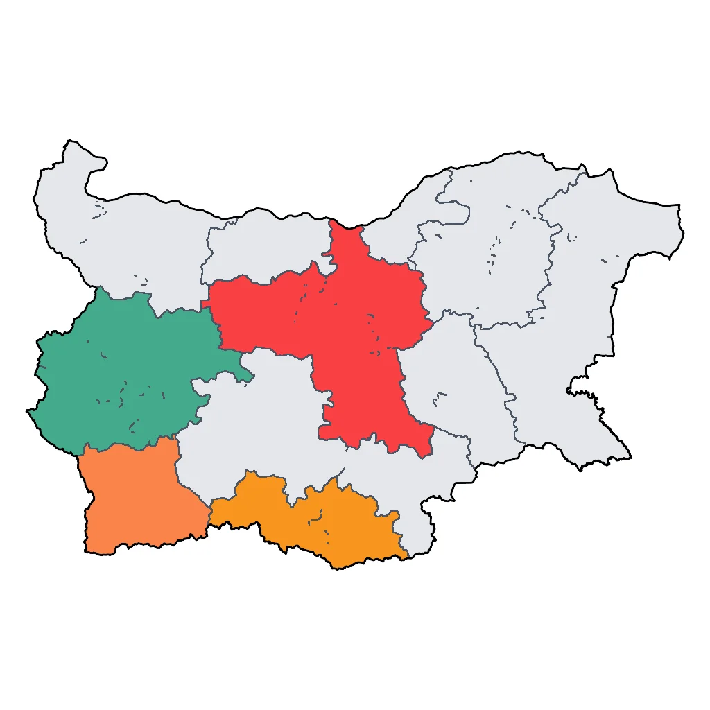 Map showing regions suitable for Ski & Snow in Bulgaria. Overall suitability: very_good.
