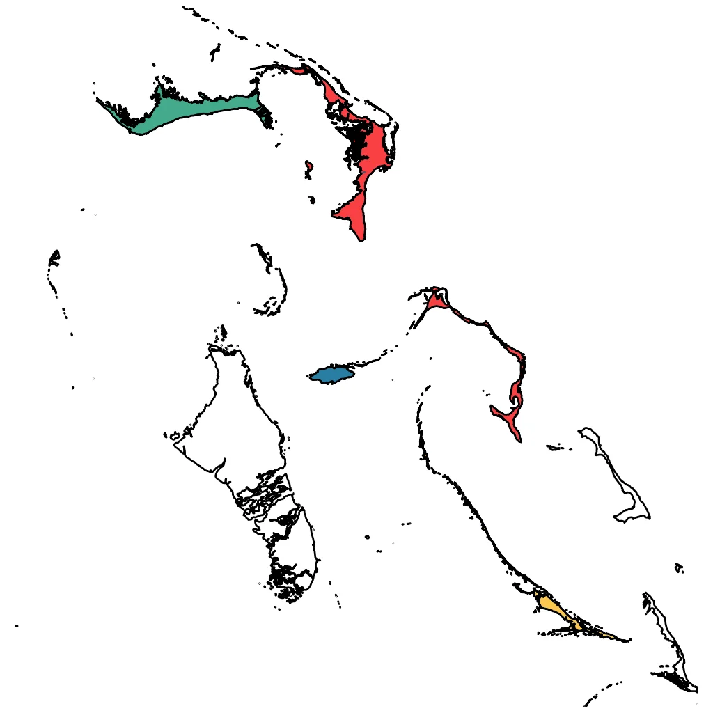 Map showing regions suitable for Adventure & Nature in The Bahamas. Overall suitability: very_good.