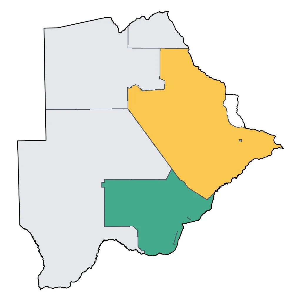 Map showing regions suitable for Festivals & Seasonal in Botswana. Overall suitability: good.