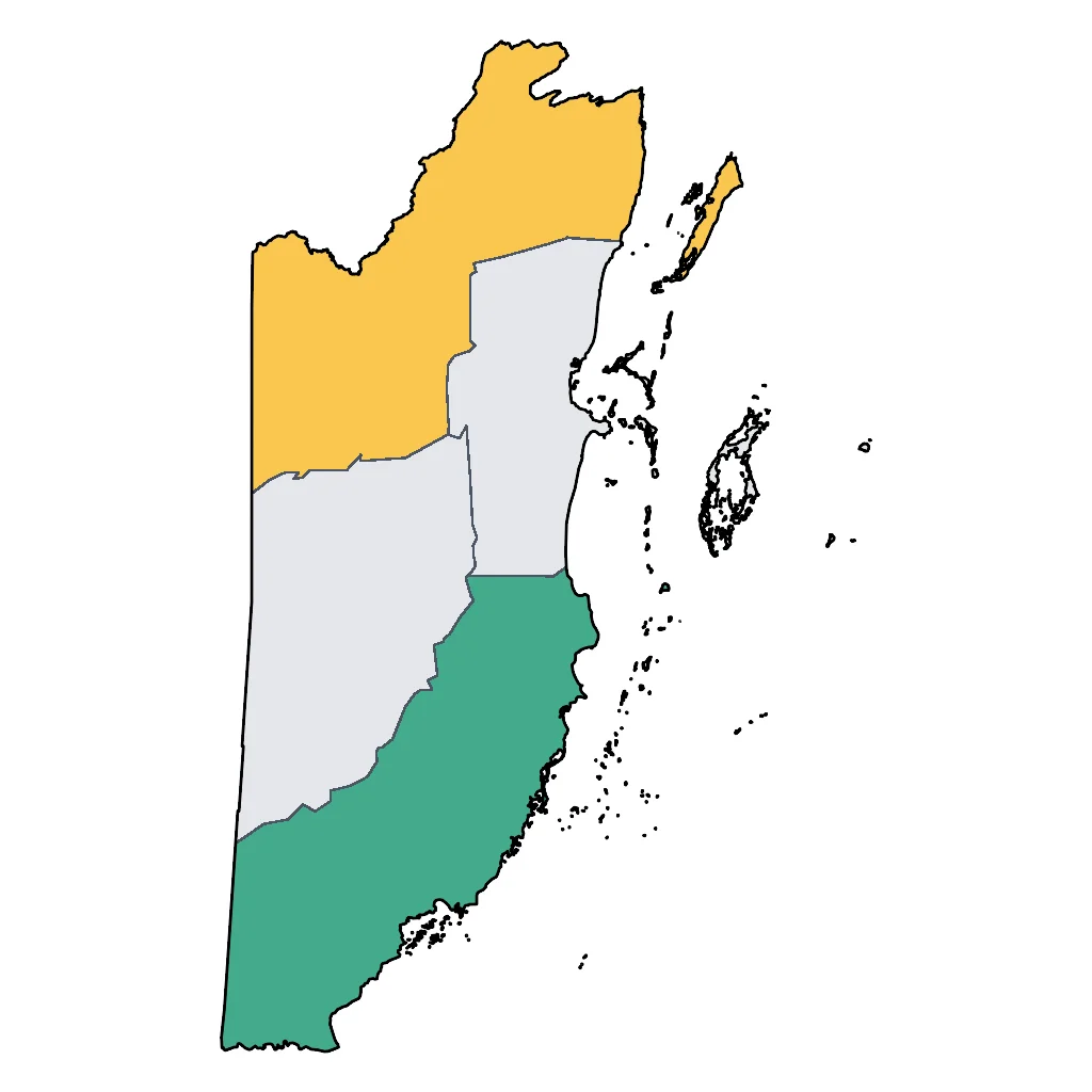 Map showing regions suitable for Road Trips & Scenic in Belize. Overall suitability: good.
