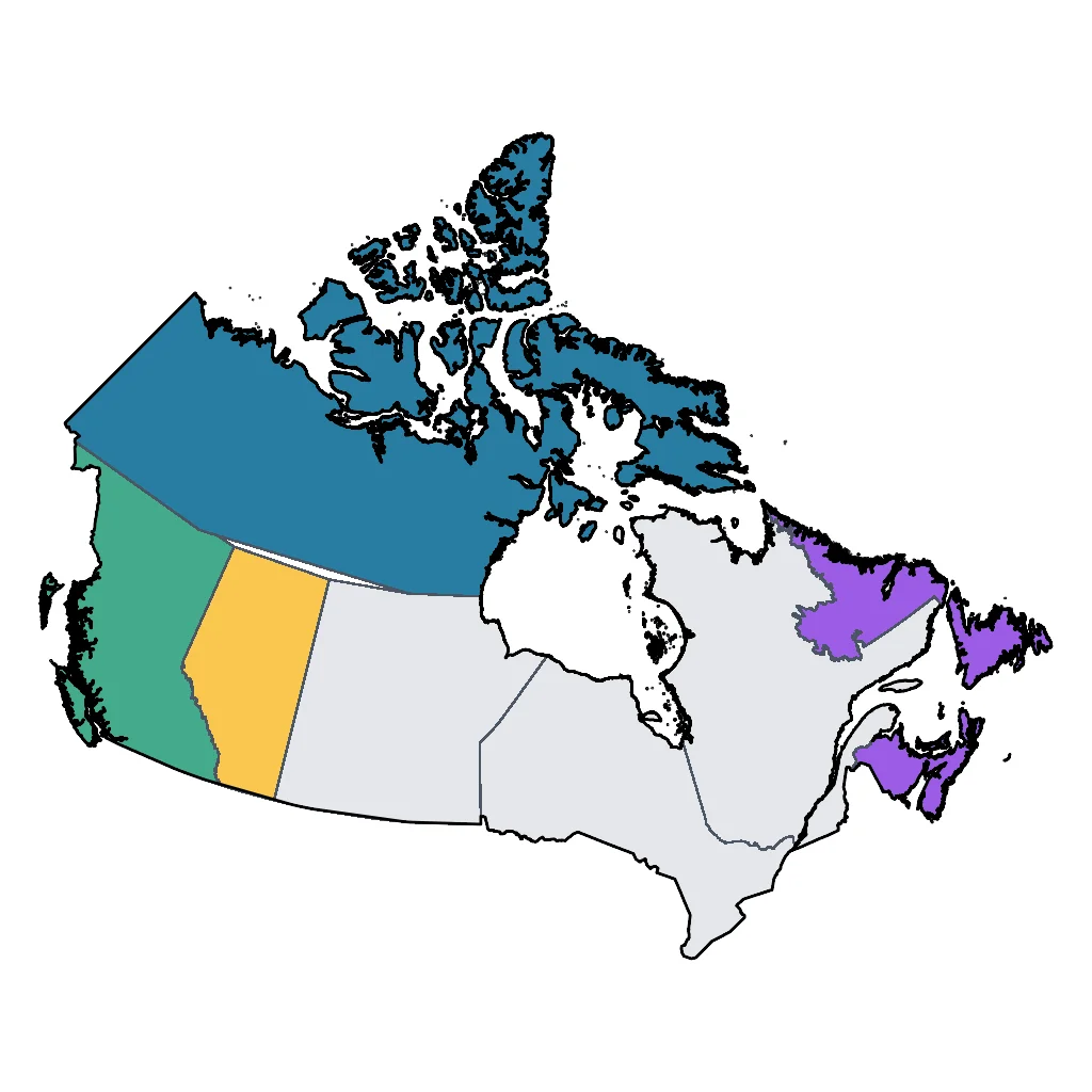 Map showing regions suitable for Adventure & Nature in Canada. Overall suitability: excellent.