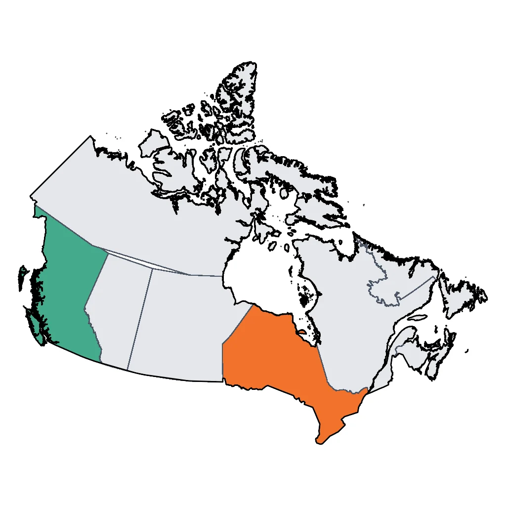 Map showing regions suitable for Beach & Sea in Canada. Overall suitability: good.
