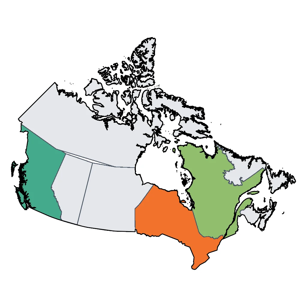 Map showing regions suitable for City & Cultural in Canada. Overall suitability: excellent.