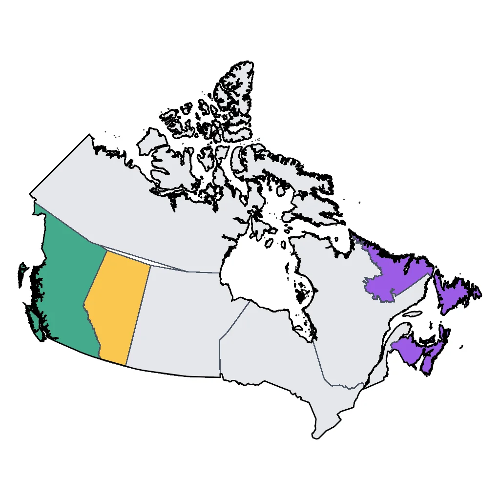Map showing regions suitable for Road Trips & Scenic in Canada. Overall suitability: excellent.