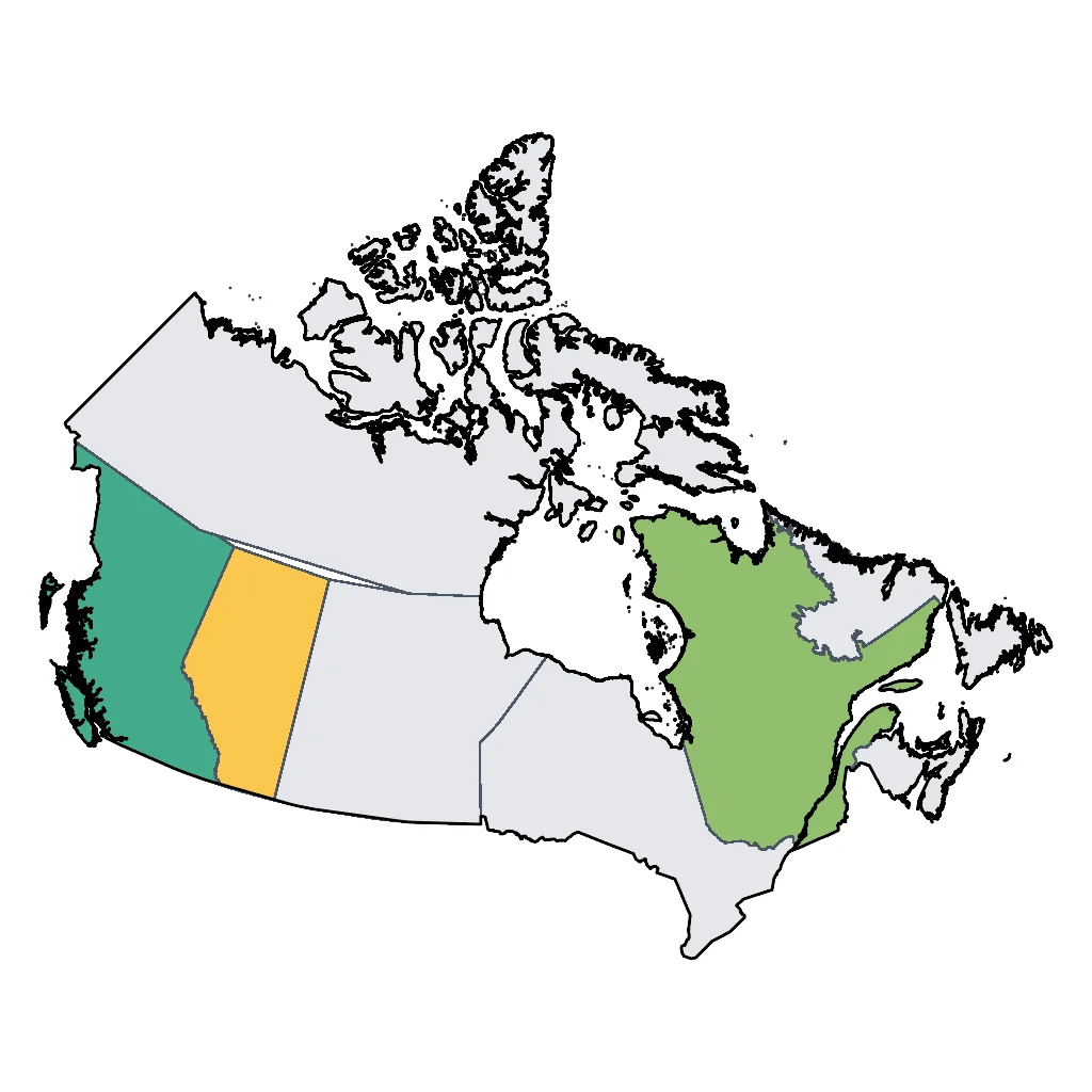 Map showing regions suitable for Ski & Snow in Canada. Overall suitability: excellent.