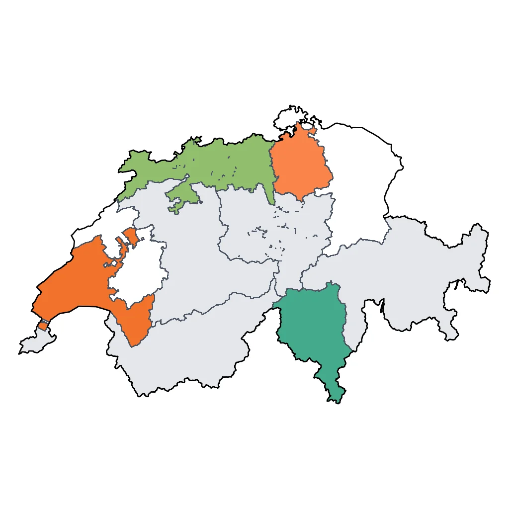 Map showing regions suitable for Festivals & Seasonal in Switzerland. Overall suitability: excellent.
