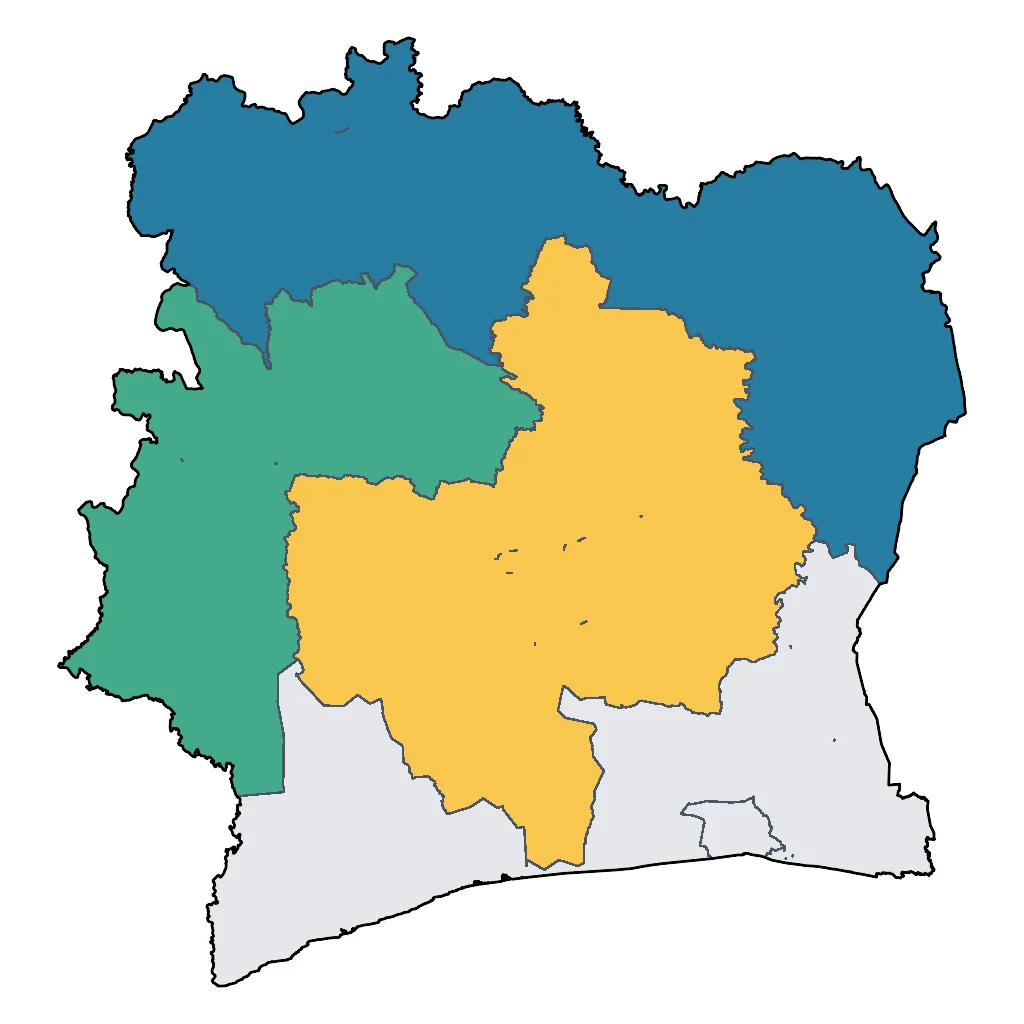 Map showing regions suitable for Road Trips & Scenic in Ivory Coast. Overall suitability: good.