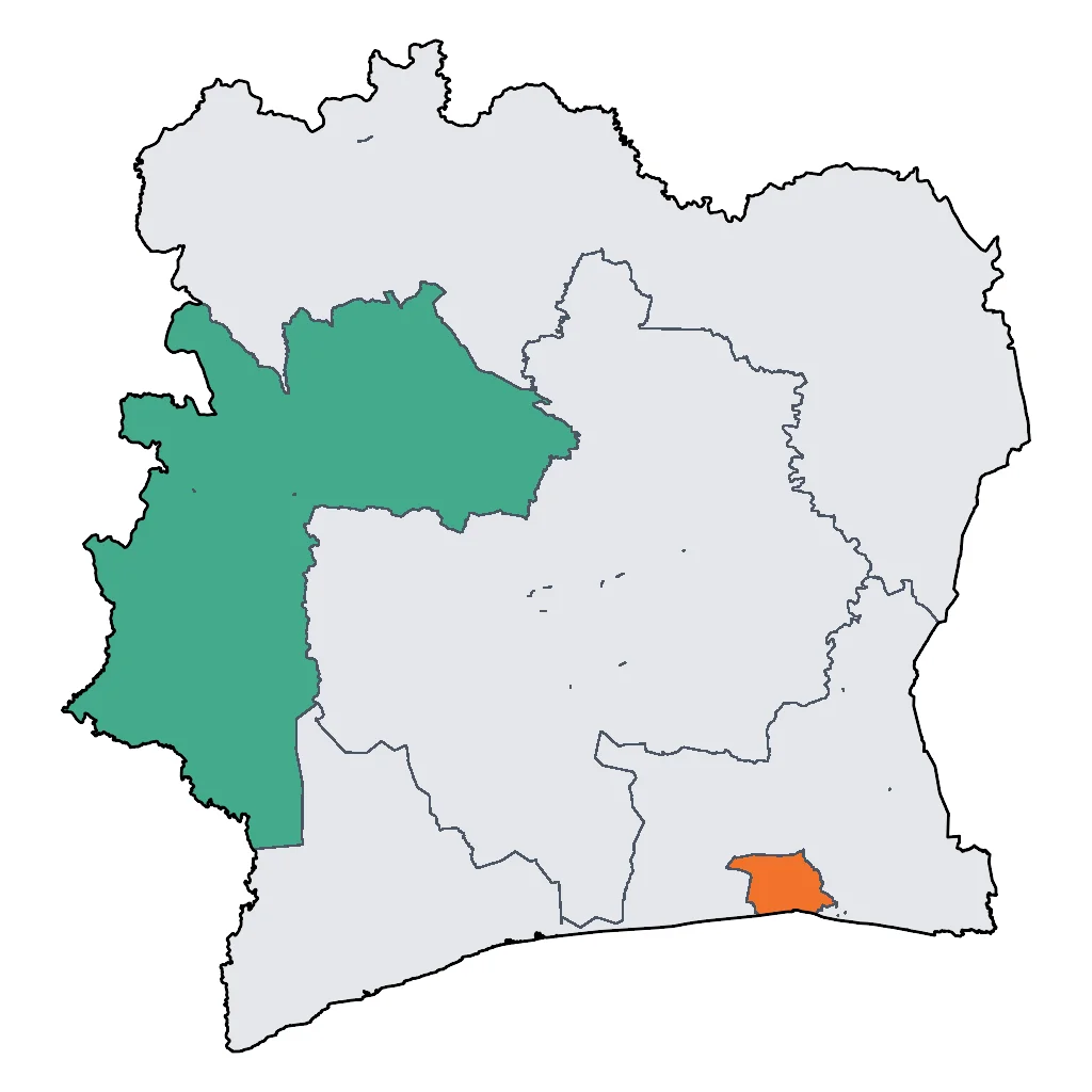 Map showing regions suitable for Sports & Active in Ivory Coast. Overall suitability: good.