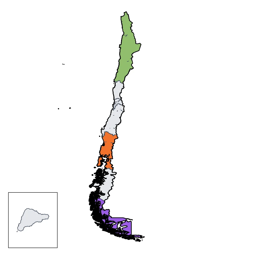 Map showing regions suitable for Adventure & Nature in Chile. Overall suitability: excellent.