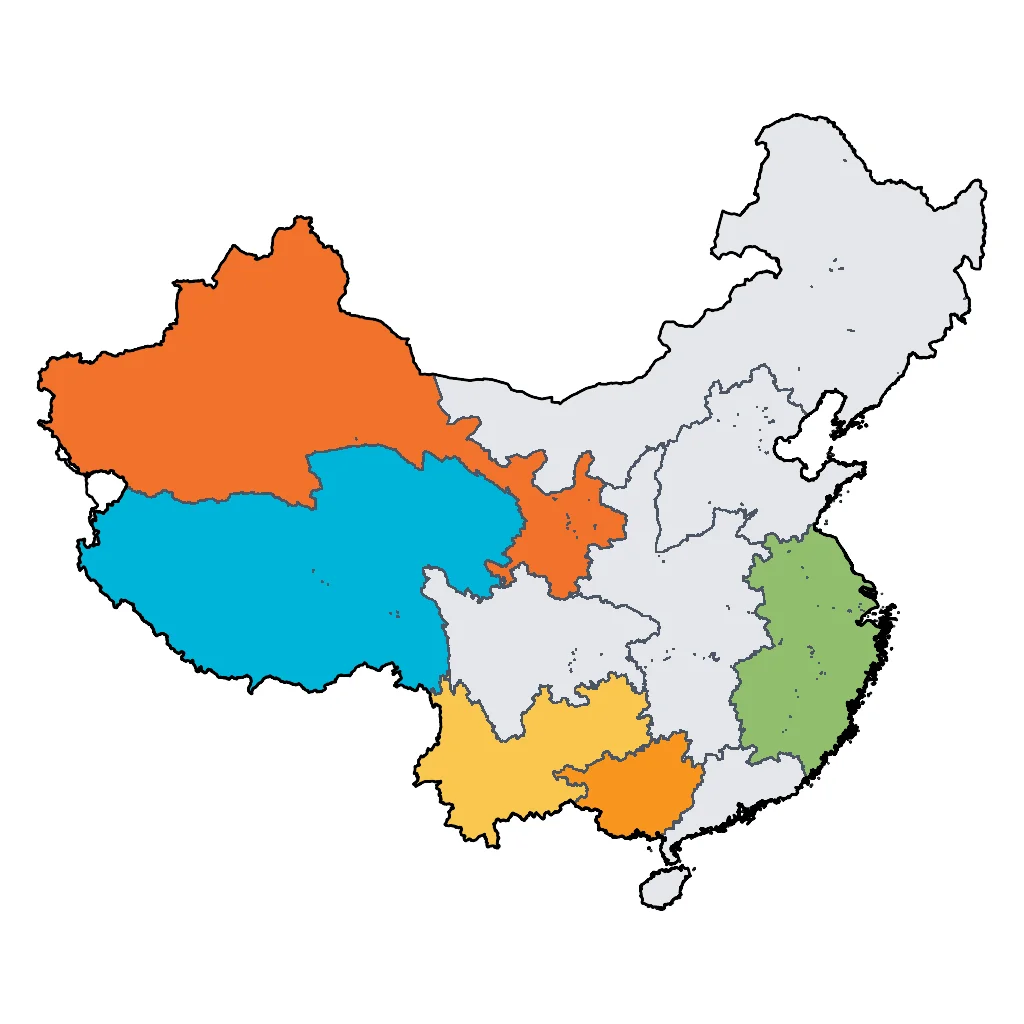 Map showing regions suitable for Adventure & Nature in China. Overall suitability: excellent.