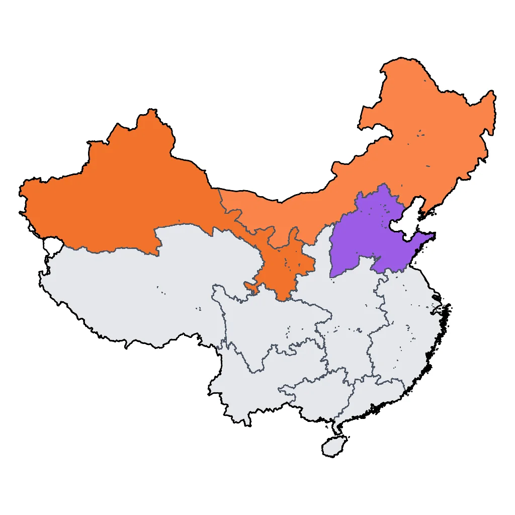Map showing regions suitable for Ski & Snow in China. Overall suitability: very_good.