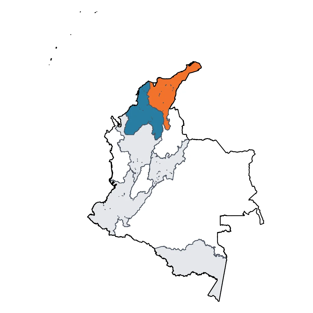 Map showing regions suitable for Beach & Sea in Colombia. Overall suitability: excellent.