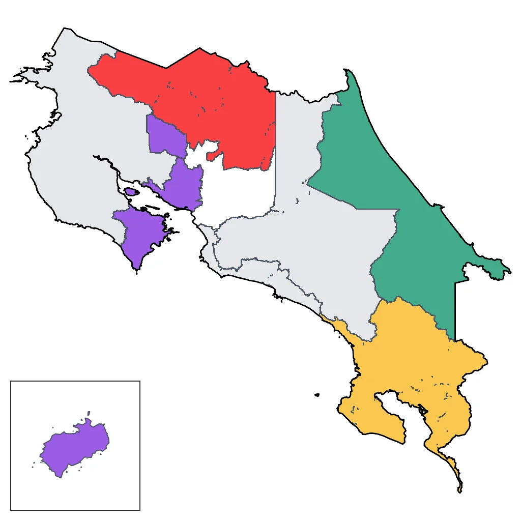 Map showing regions suitable for Adventure & Nature in Costa Rica. Overall suitability: excellent.