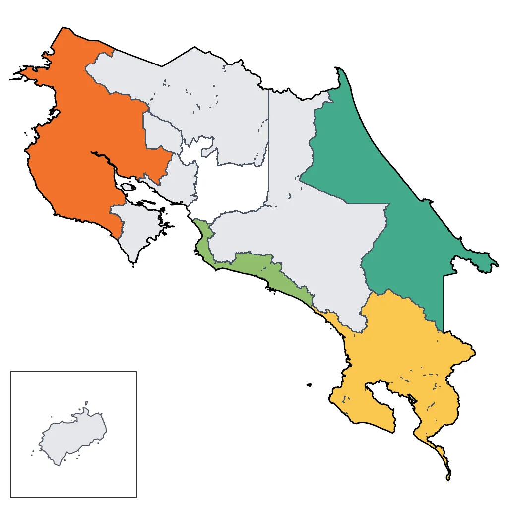 Map showing regions suitable for Beach & Sea in Costa Rica. Overall suitability: excellent.