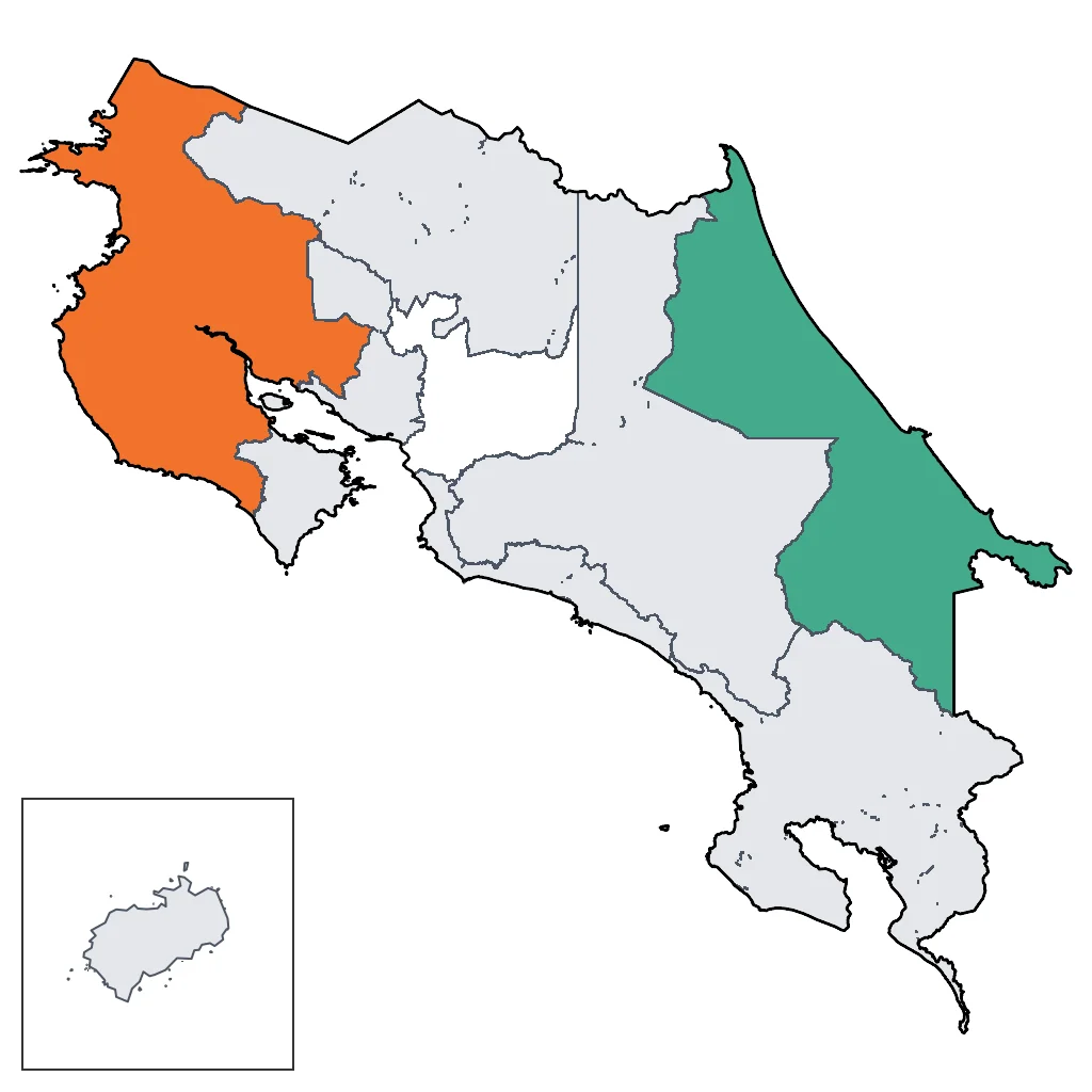 Map showing regions suitable for Festivals & Seasonal in Costa Rica. Overall suitability: good.