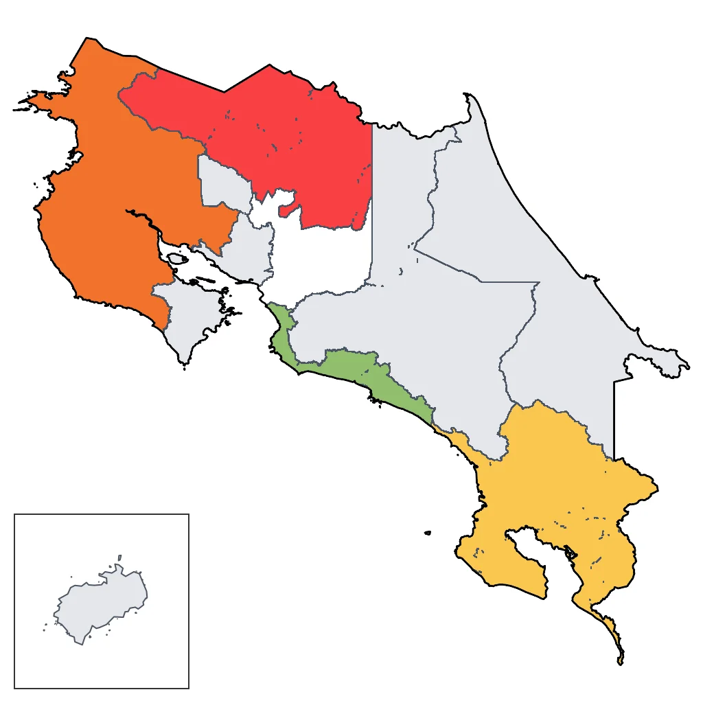 Map showing regions suitable for Relaxation & Wellness in Costa Rica. Overall suitability: excellent.