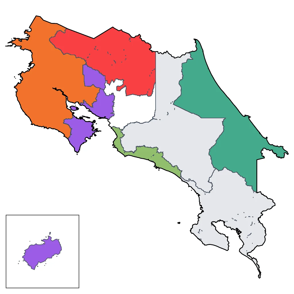 Map showing regions suitable for Sports & Active in Costa Rica. Overall suitability: very_good.
