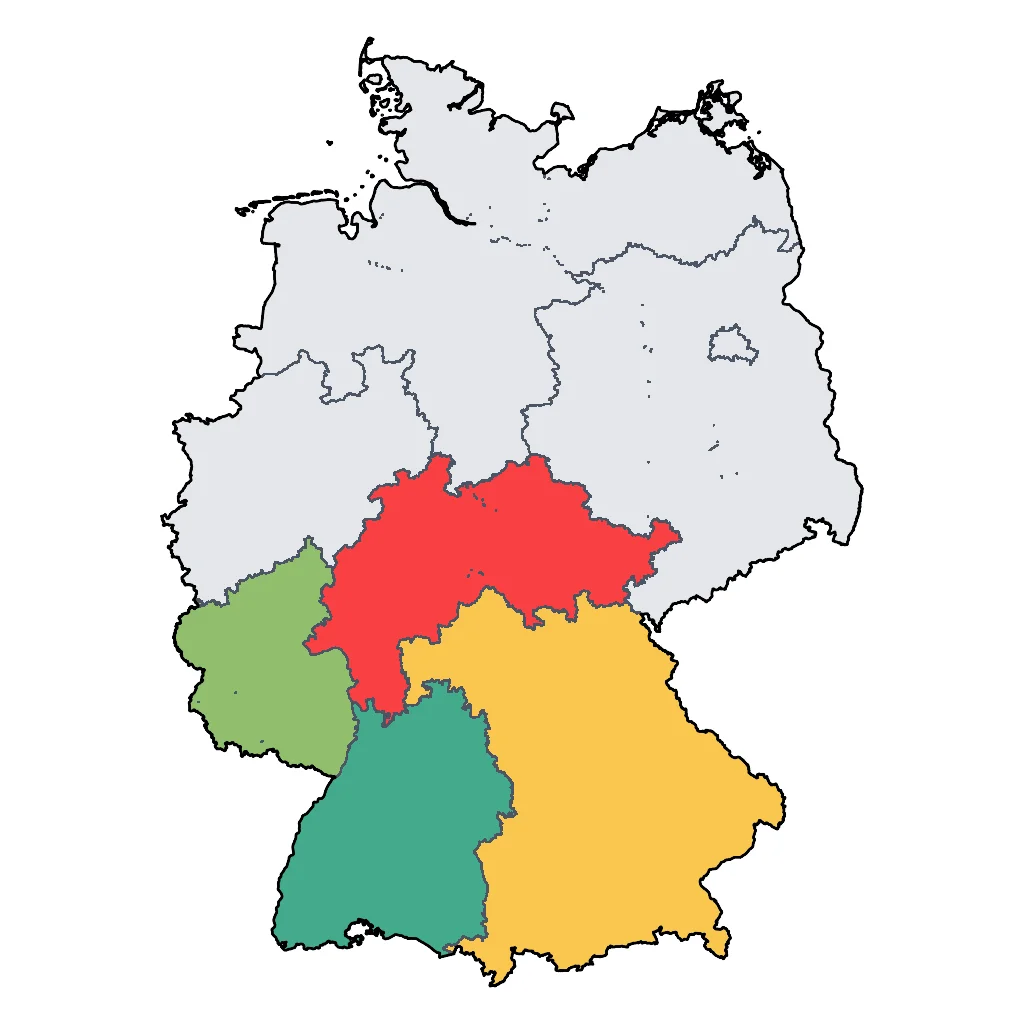 Map showing regions suitable for Road Trips & Scenic in Germany. Overall suitability: excellent.