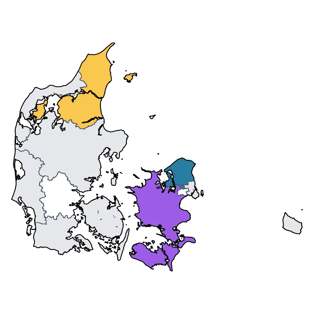Map showing regions suitable for Road Trips & Scenic in Denmark. Overall suitability: very_good.