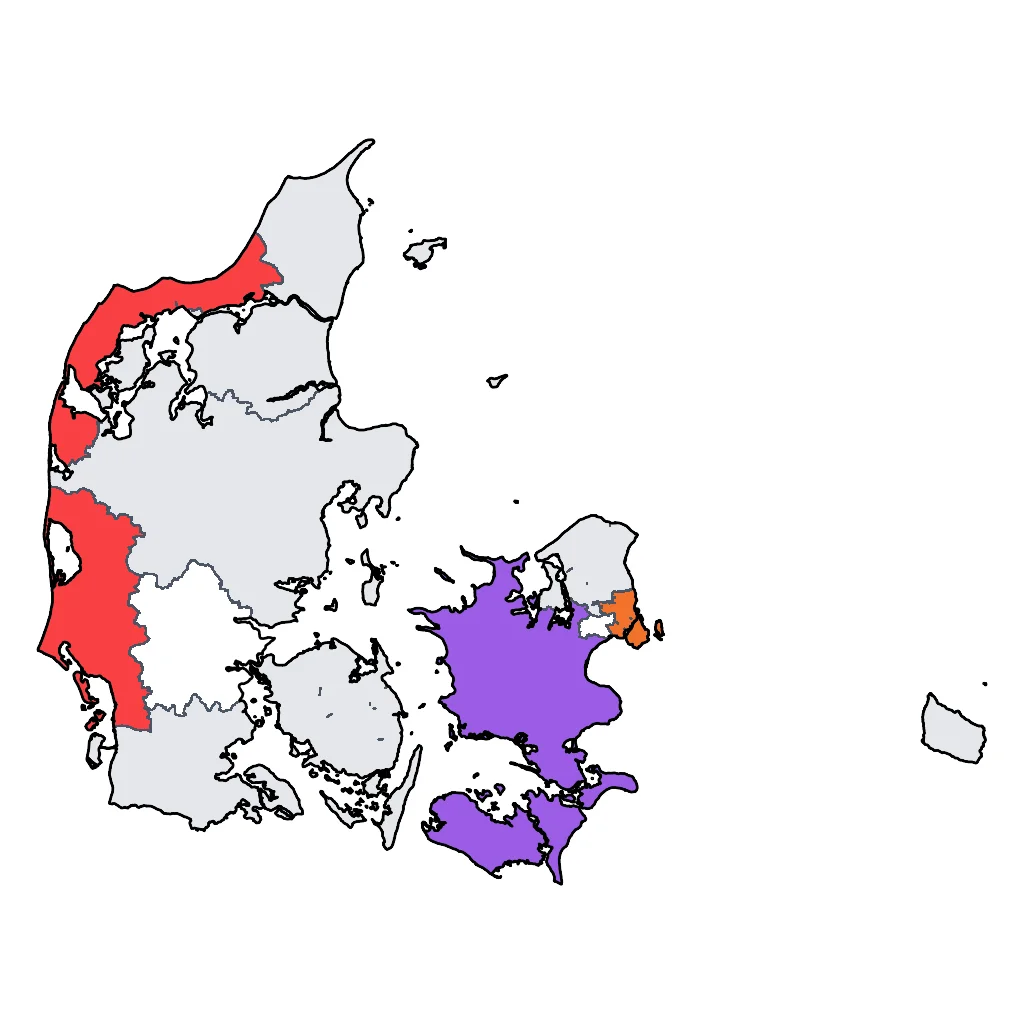 Map showing regions suitable for Theme Park & Entertainment in Denmark. Overall suitability: excellent.