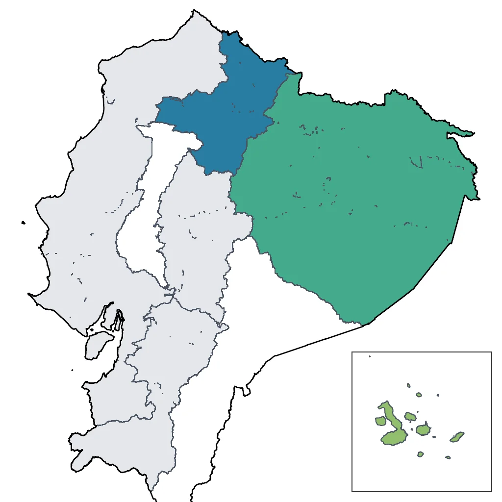 Map showing regions suitable for Adventure & Nature in Ecuador. Overall suitability: excellent.