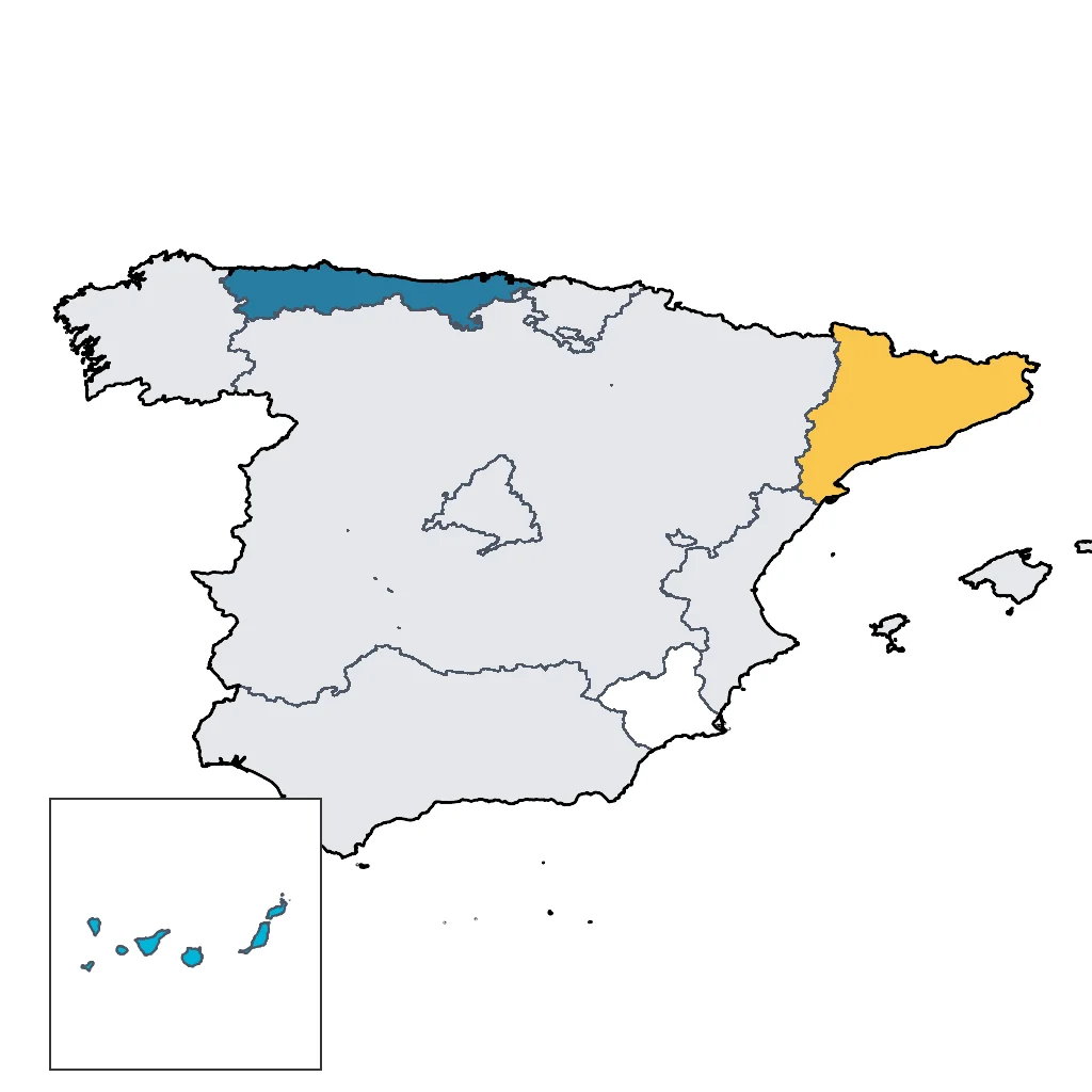 Map showing regions suitable for Adventure & Nature in Spain. Overall suitability: excellent.