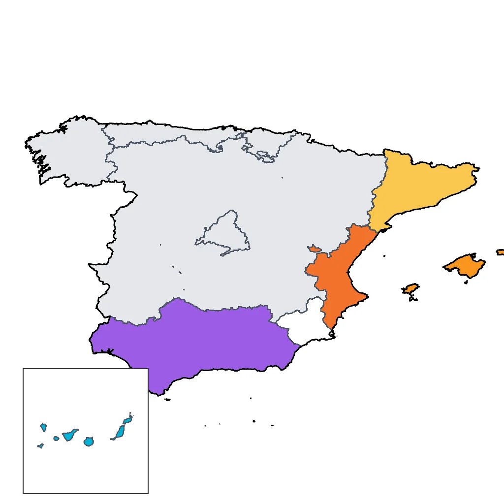 Map showing regions suitable for Beach & Sea in Spain. Overall suitability: excellent.