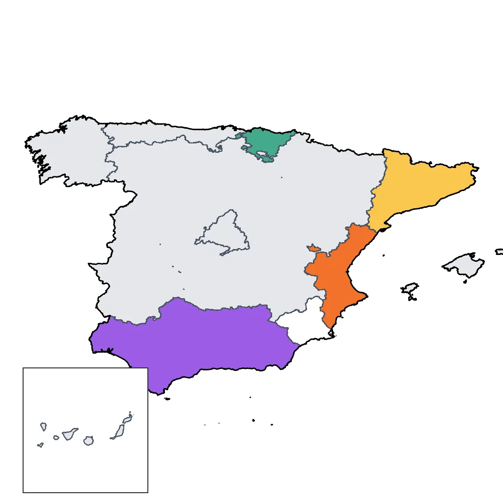 Map showing regions suitable for Festivals & Seasonal in Spain. Overall suitability: excellent.