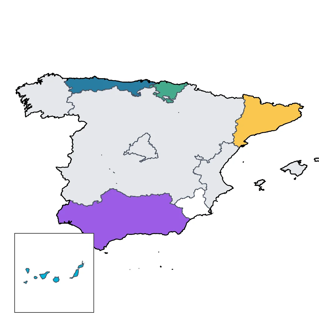 Map showing regions suitable for Road Trips & Scenic in Spain. Overall suitability: excellent.