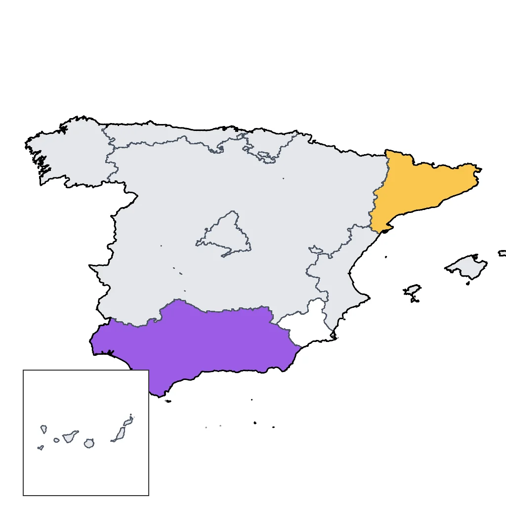 Map showing regions suitable for Ski & Snow in Spain. Overall suitability: good.