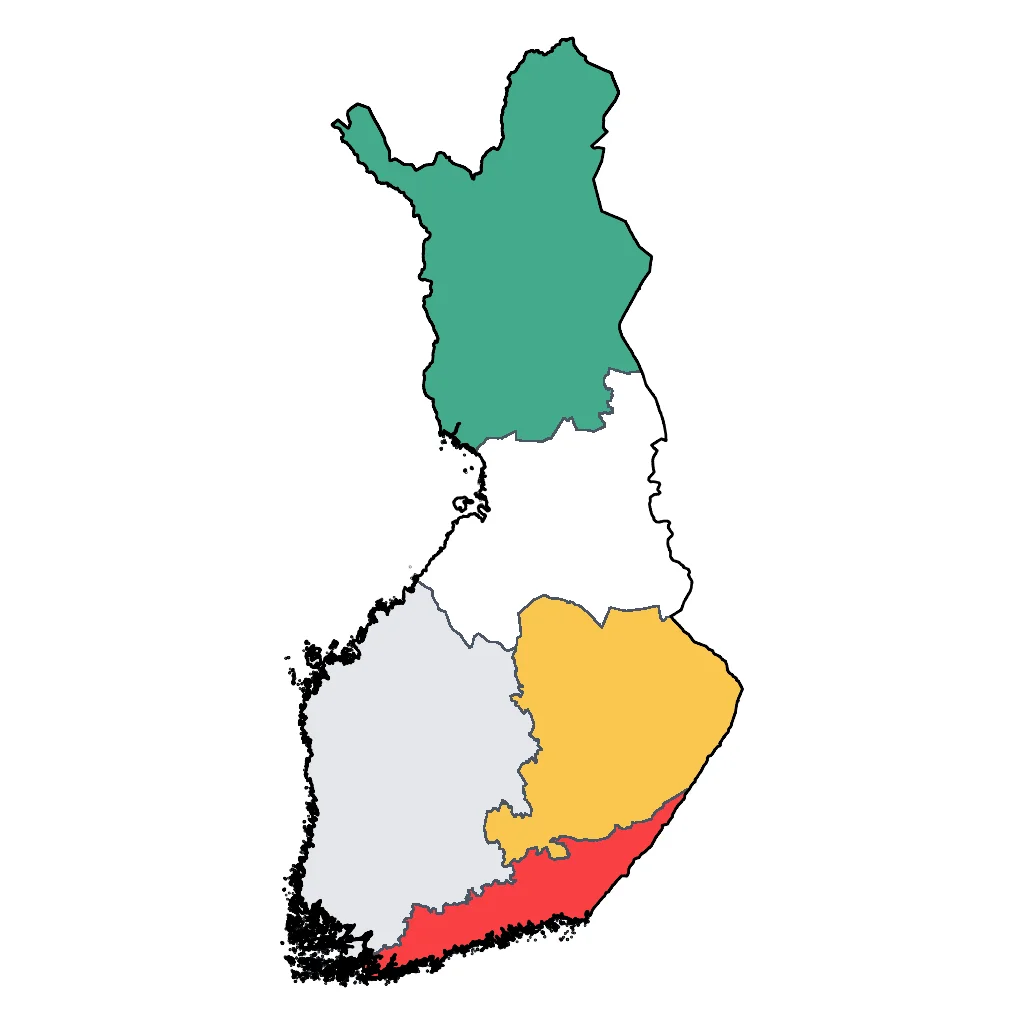 Map showing regions suitable for Festivals & Seasonal in Finland. Overall suitability: excellent.