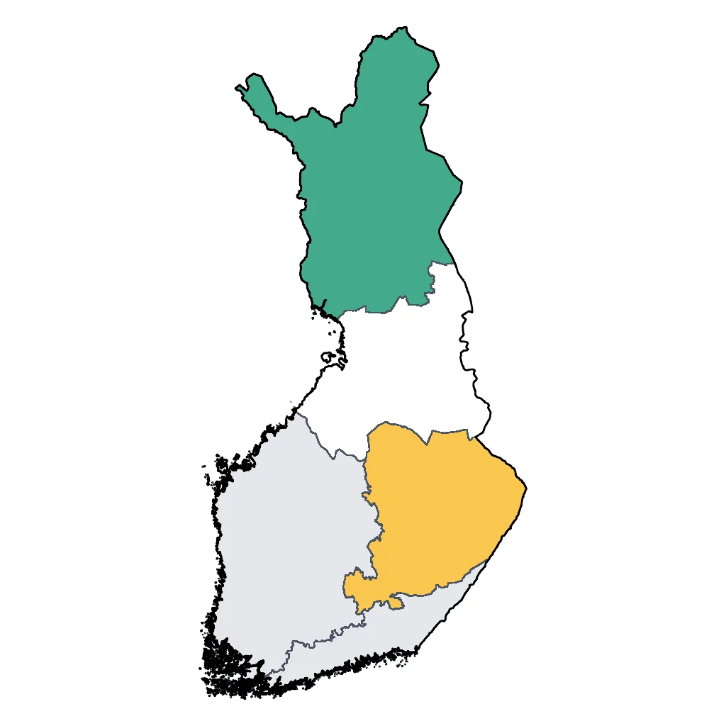 Map showing regions suitable for Ski & Snow in Finland. Overall suitability: excellent.