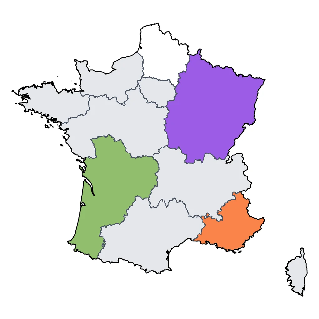 Map showing regions suitable for Festivals & Seasonal in France. Overall suitability: good.