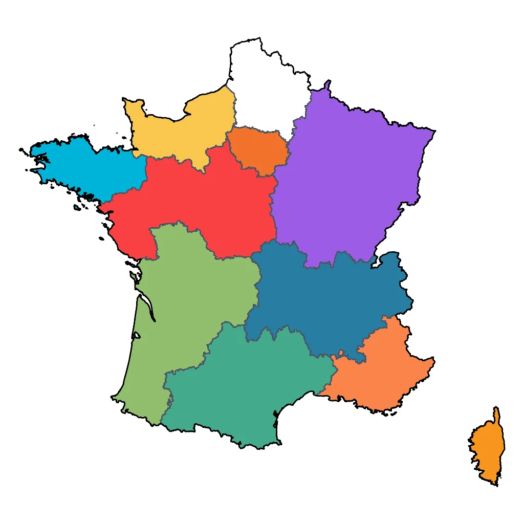 Map showing regions suitable for Road Trips & Scenic in France. Overall suitability: good.